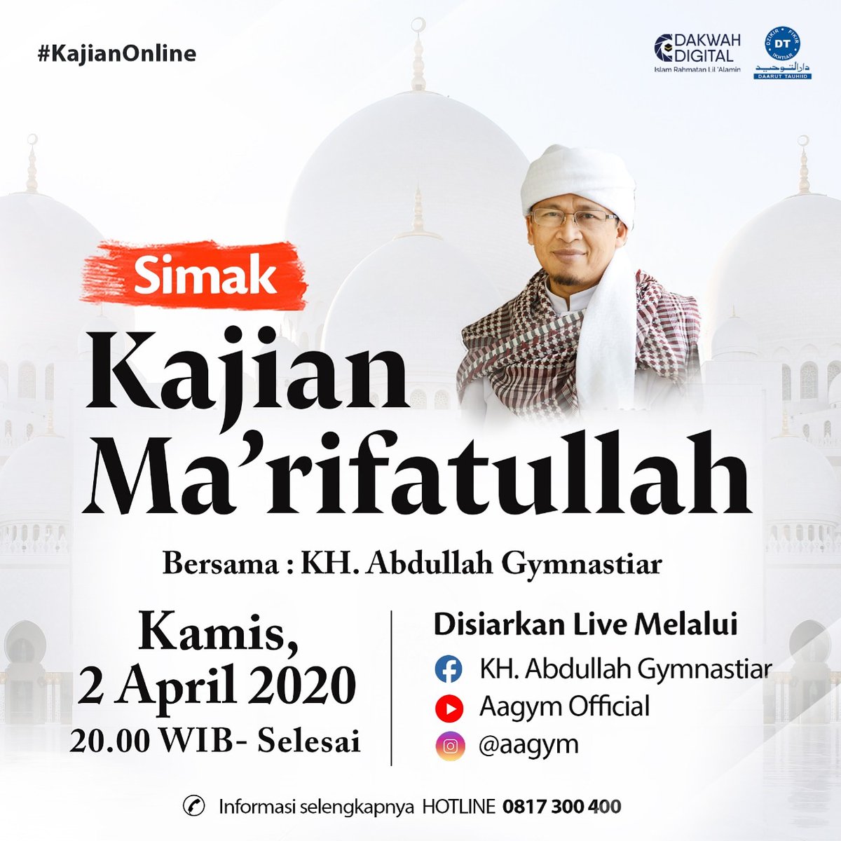 aagym's tweet photo. Bismillaahirrahmaanirrahiim

Sahabat, Mari simak
Kajian Marifatullah bersama
KH. Abdullah Gymnastiar
.
▪︎Malam ini, Kamis 2 April 2020
▪︎Pukul 20.00 WIB - Selesai

Disiarkan secara LIVE dari Facebook, Youtube, dan Instagram Aa Gym

Semoga banyak hikmah yang bisa diambil. https://t.co/pyiDSzKY0g