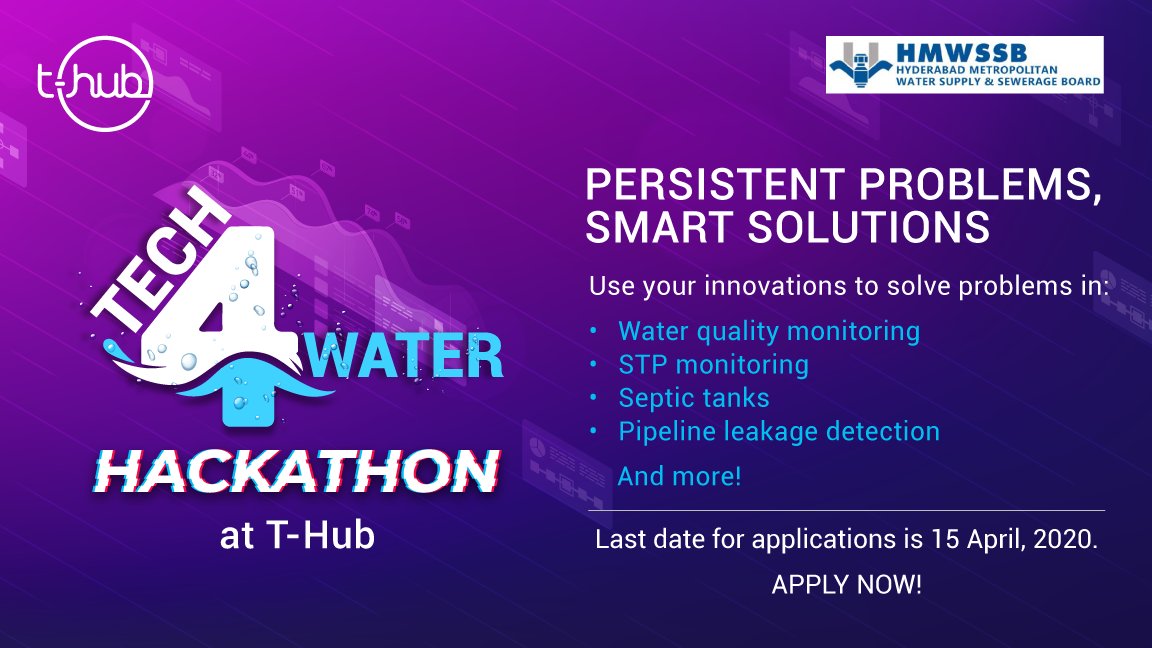 THubHyd's tweet photo. Your #innovation can help @HMWSSBOnline with efficient solutions to city's water supply and sewerage. Last date to apply for the #Tech4Water #hackathon is 15 April. Apply now https://t.co/lH1kwDSk9r. #Hyderabad #Telangana
#InnovationEcosystem #InnovateWithTHub https://t.co/p6vcgOPmWg