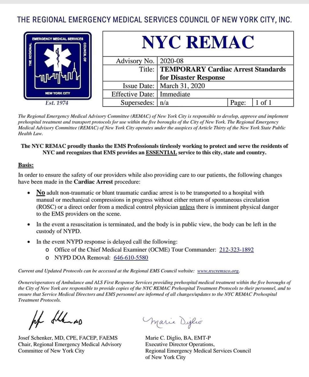 nyscanner's tweet photo. GRIM REALITY; New guidance for EMS in NYC and Long Island says that patients in cardiac arrest should not be transported to the hospital if they cannot be saved in the field. https://t.co/rtGJG1WHjF
