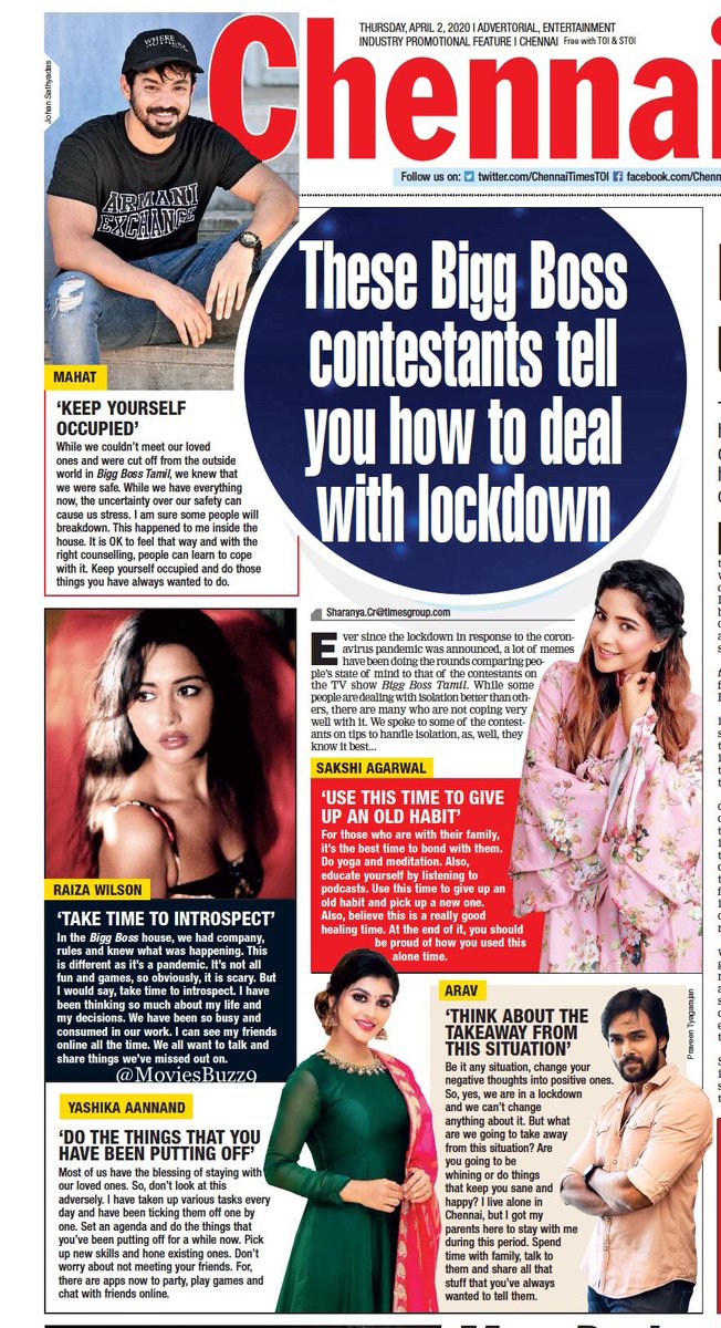MoviesBuzz9's tweet photo. These Bigg Boss contestants tell you how to deal with lockdown

#BiggBossTamil contestants on tips to handle isolation, as they know it best 
@MahatOfficial @AravNafeez1 @raizawilson @iamyashikaanand @ssakshiagarwal https://t.co/Hfgmwj5jN2