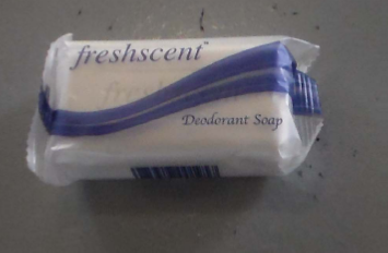 Here is the 30 cent soap provided to incarcerated people to clean their bodies and their cells. It's about the size of a business card.