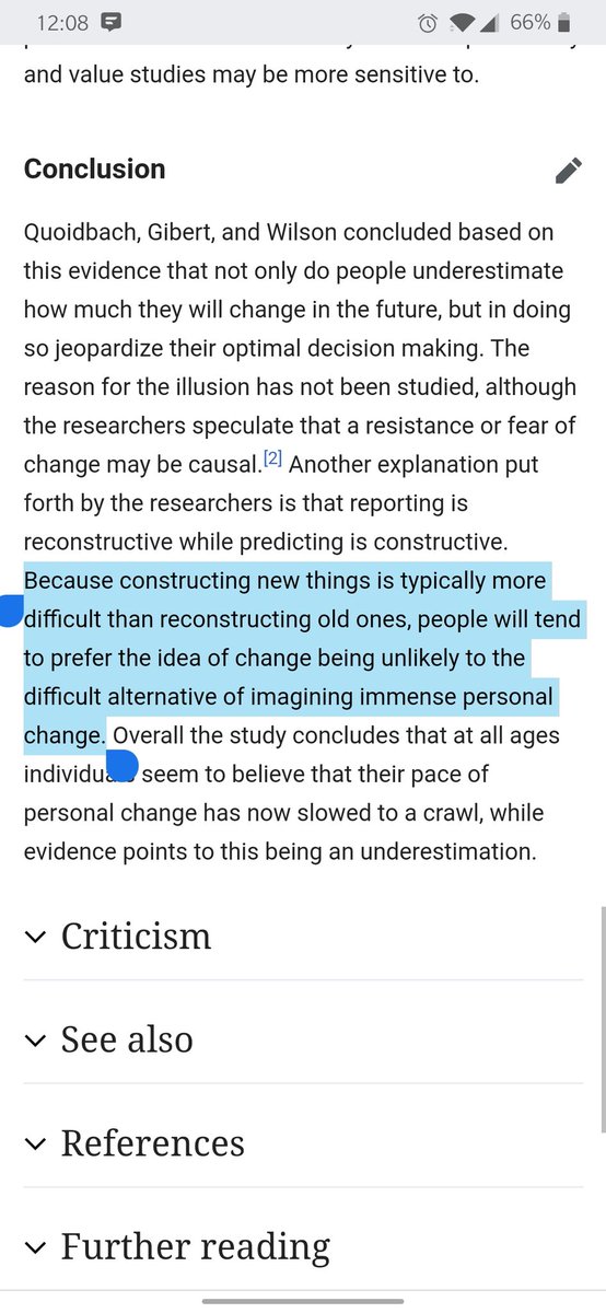 brstraka's tweet photo. Went down a rabbit hole while reading tonight/came out the other side learning about the 'End-of-history illusion.' Essentially, people acknowledge they've  experienced personal growth in the past but likely won't at the same rate in the future. Why? Because change can be hard 🤯 https://t.co/vZt7mM36Go
