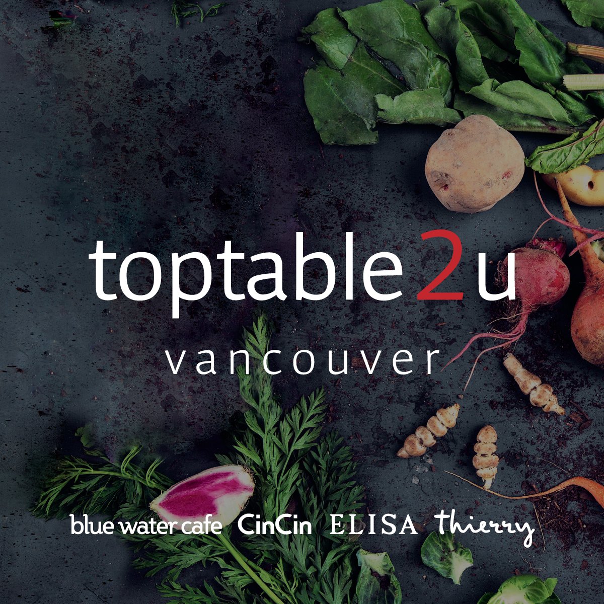 The chefs of Elisa, <a href="/bluewatercafe/">Blue Water Cafe</a>, <a href="/cincinvan/">CinCin Ristorante</a> and 
<a href="/thierrychocolat/">Thierry Chocolates</a> bring a new concept to you during these unique times. #Toptable2U #Vancouver is a take-away menu of housemade provisions, prepped meal kits for home cooking, and farm-to-table produce. exploretock.com/toptable2u