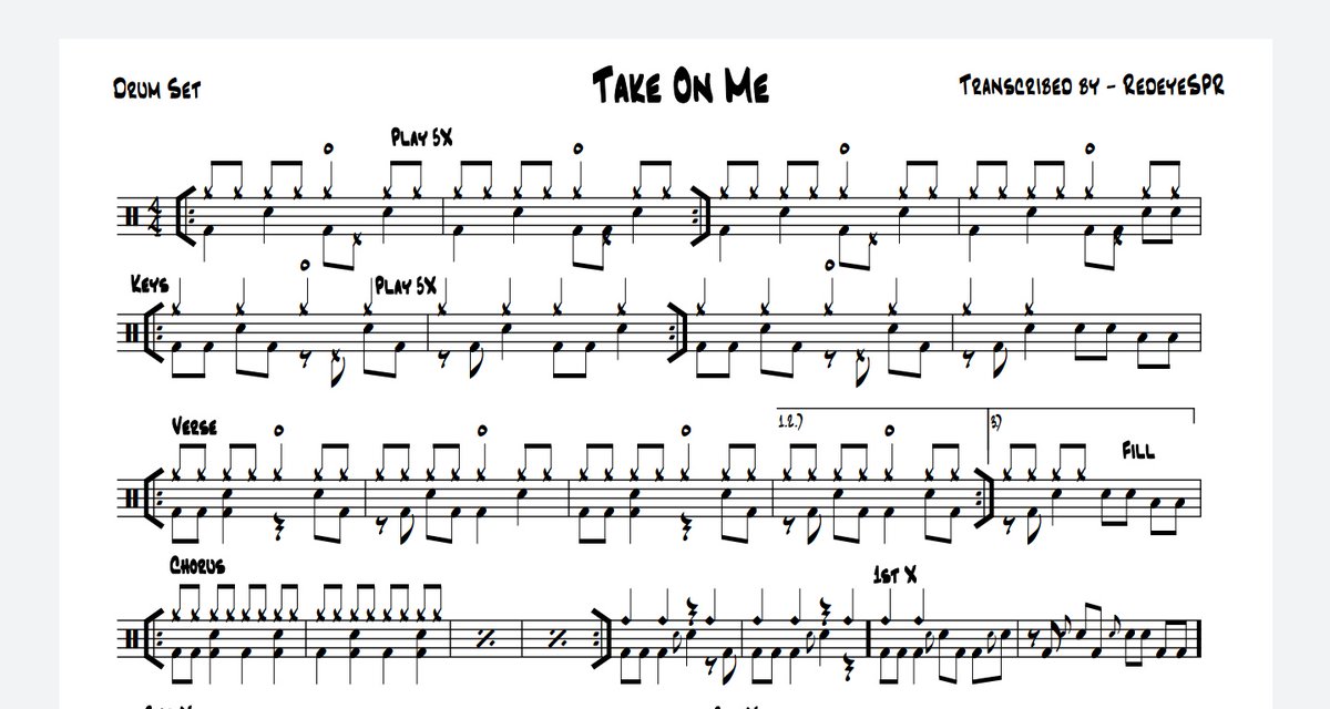 This drum beat in the chorus is exactly what you hear on the famous 1985 synthpop song Take On Me, by Norwegian band A-Ha. (Music notation for Take On Me drum cover credit to RedEyeSPR.)  @LittleMix  #LMBreakUpSong  