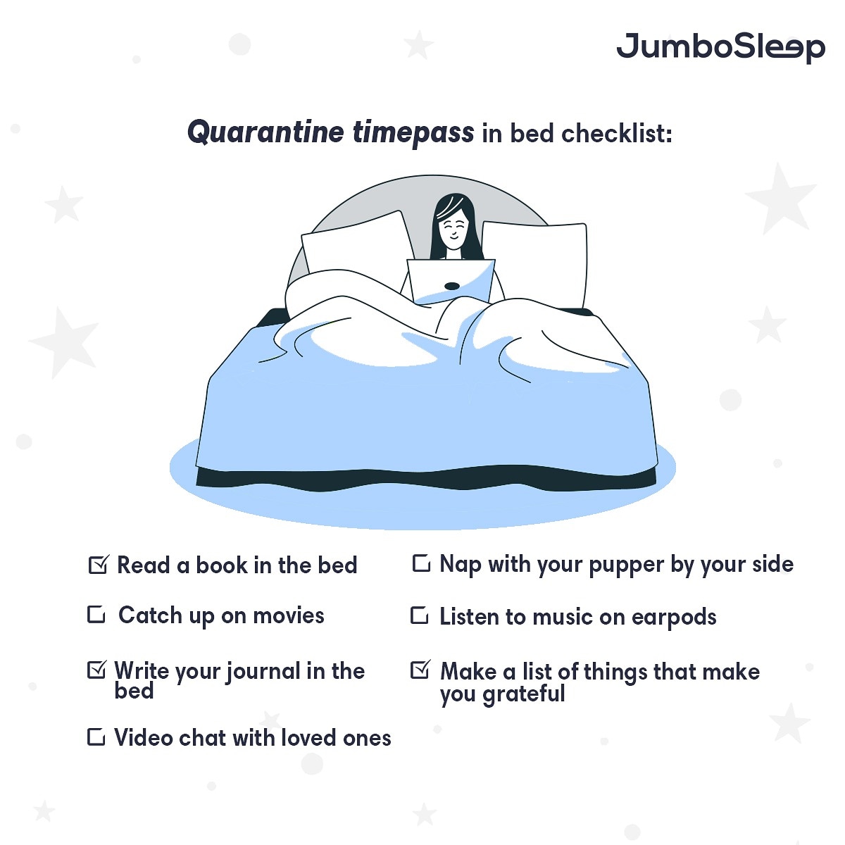 JumboSleep's tweet photo. Tell us what all you covered in comments

#staysafe
.
#quarantinelife #quarantine #lockdown #curfew #checklist #naps #work #workfromhome #covid_19 #coronavirus #coronavirusoutbreak⚠️ #corona #coronamemes #topical #topicalspot #trending #trendingformat #shoutout #stayhome #besafe https://t.co/KoYHYQMDgu