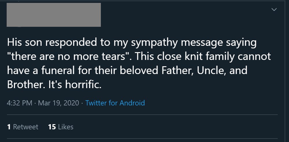 March 19th. In Italy, with so much needless death from COVID-19, families cannot attend funerals, and the sick die far from them too. By now (19th) it's happening here in the US, too. 15/