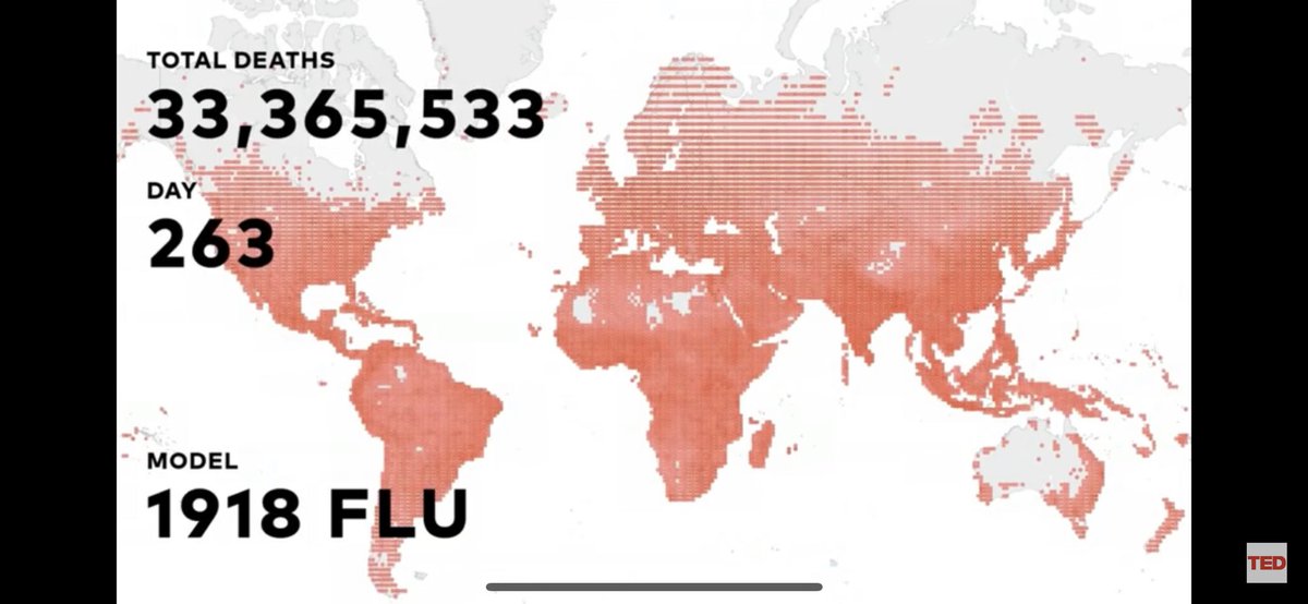 A graphic model is pulled up which depicts how a virus, similar to the 1918 Spanish flu, would affect the world today. The model eventually lights up red indicating the eventual death of “30 million people [who] died from the pandemic.”  #mc1313gdm *models shown below*