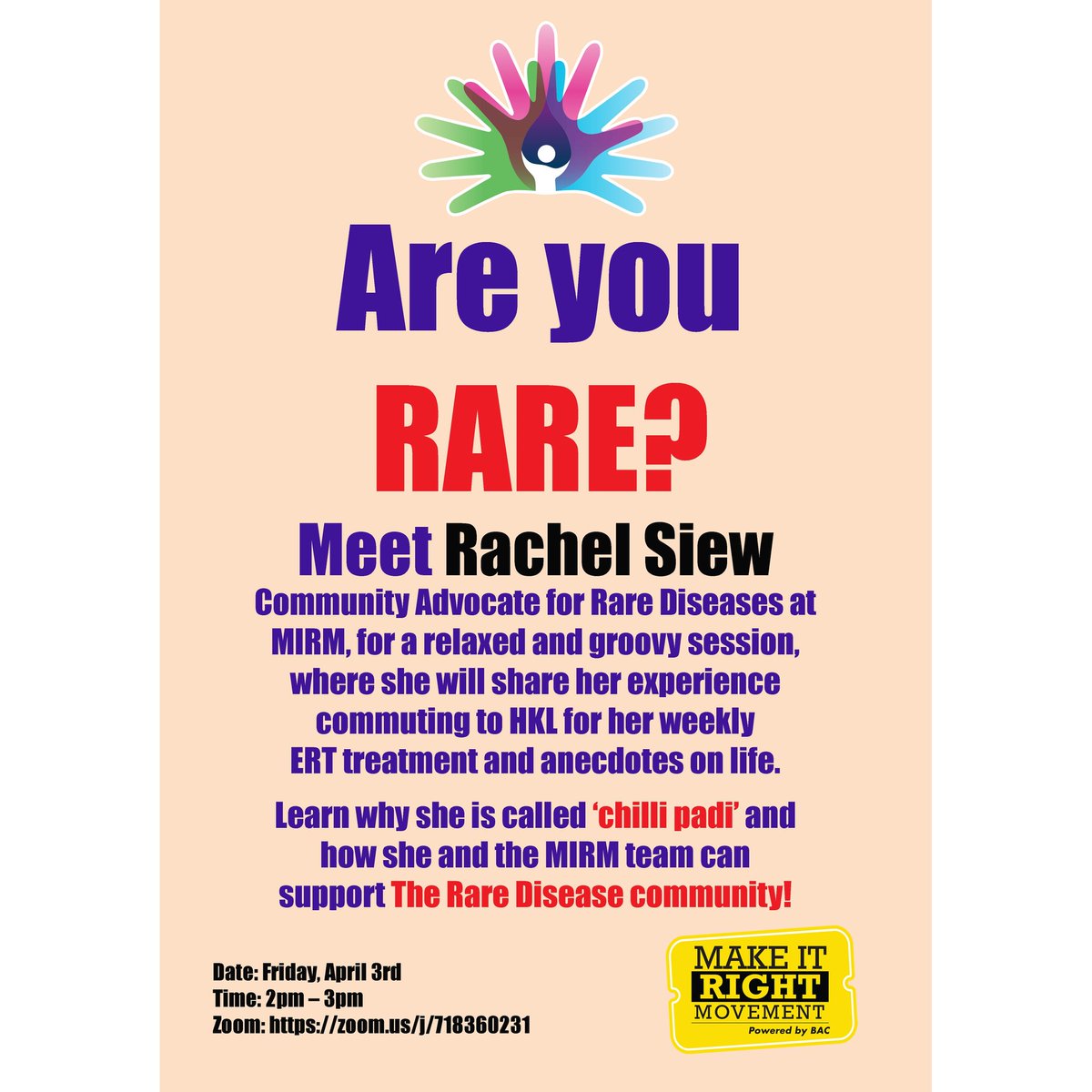 makeitrightMY's tweet image. Are you #RARE?
.
Meet #RachelSiew, Community Advocate for #RareDiseases at #MIRM, for a relaxed and groovy session... Read more at our Facebook​ page : m.facebook.com/story.php?stor…
