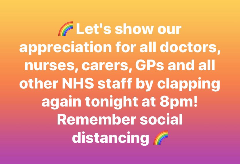 👏 Tonight, Thurs 2nd April 2020 at 8pm 👏 
#ClapForCarers #NHSHeroes