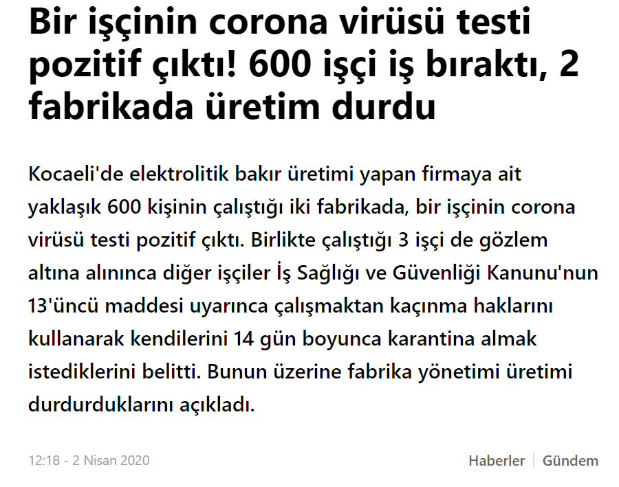 1 İŞÇİDE KORONAVİRÜS ÇIKTI 600 İŞÇİ İŞ BIRAKTI !