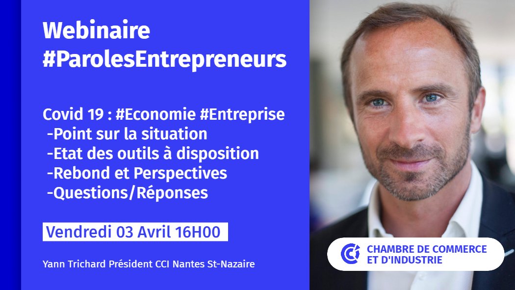 [#ParolesEntrepreneurs] 🗓️SaveThe Date : Vendredi 03/04 à 1⃣6⃣H. 📢Participez à notre Webinaire : Faites le point sur la situation éco, les outil à disposition &amp; perspectives ... @Yann_Trichard et vos élus CCI répondront à  vos questions.
Inscriptions 👩‍💻👉bit.ly/3aAoeKf