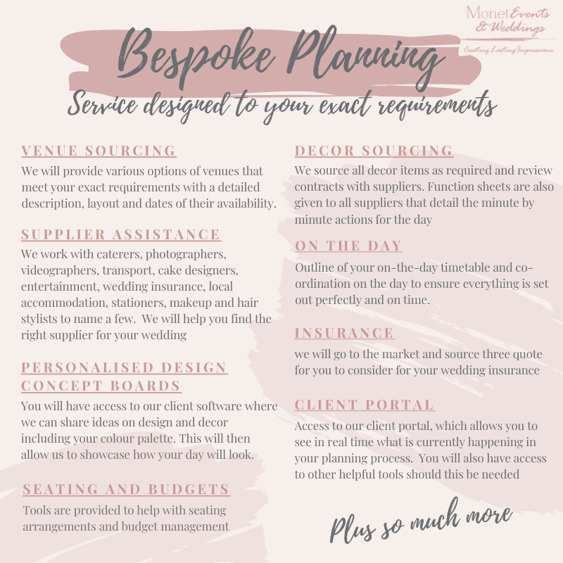 MonetEvents's tweet image. Not every couple are needing the full wedding planning service, this is were the bespoke service comes in place.  This is designed so couples can cherry pick the services they need and we will then pull together a tailored quote.  for more information monetevents.co.uk/wedding-planni…