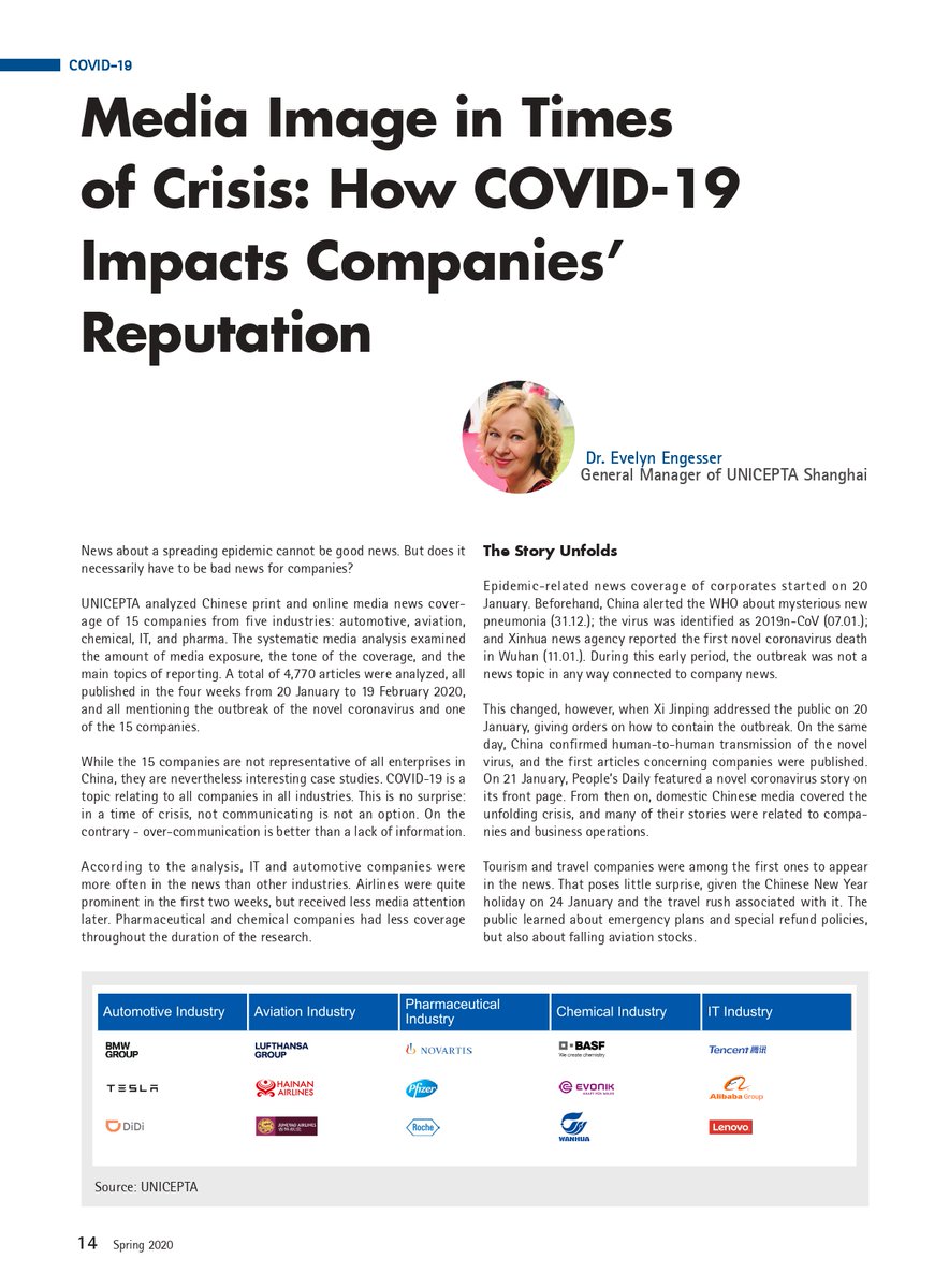 unicepta_news's tweet photo. How does #COVID19 impact companies' #reputation? Our colleagues in Shanghai analyzed Chinese news coverage of 15 companies from five industries. 
The negative effects on the business could be credibly communicated as temporary. 
#coronavirus #crisismanagement #communication https://t.co/QdRlZIgytL