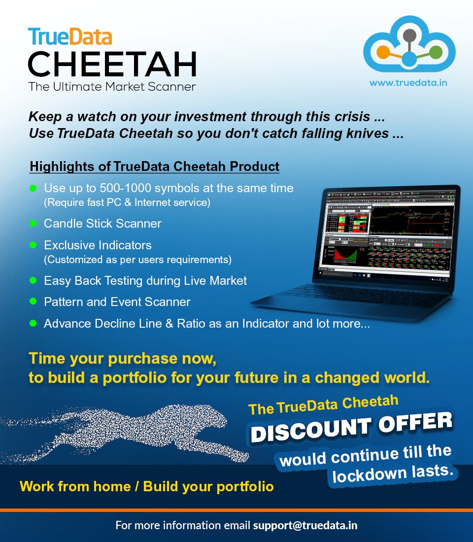 truedata1's tweet photo. TrueData Cheetah Discount Offer would continue till the lockdown lasts.
For more info, visit https://t.co/2cUHGg3R7i
#TrueData #DiscountOffer #Lockdown #truedatacheetah #tradingsoftware #technicalsoftware #NSE #candlestickpattern #chartingsoftware #toptrading #scanner https://t.co/siXdDhlsom