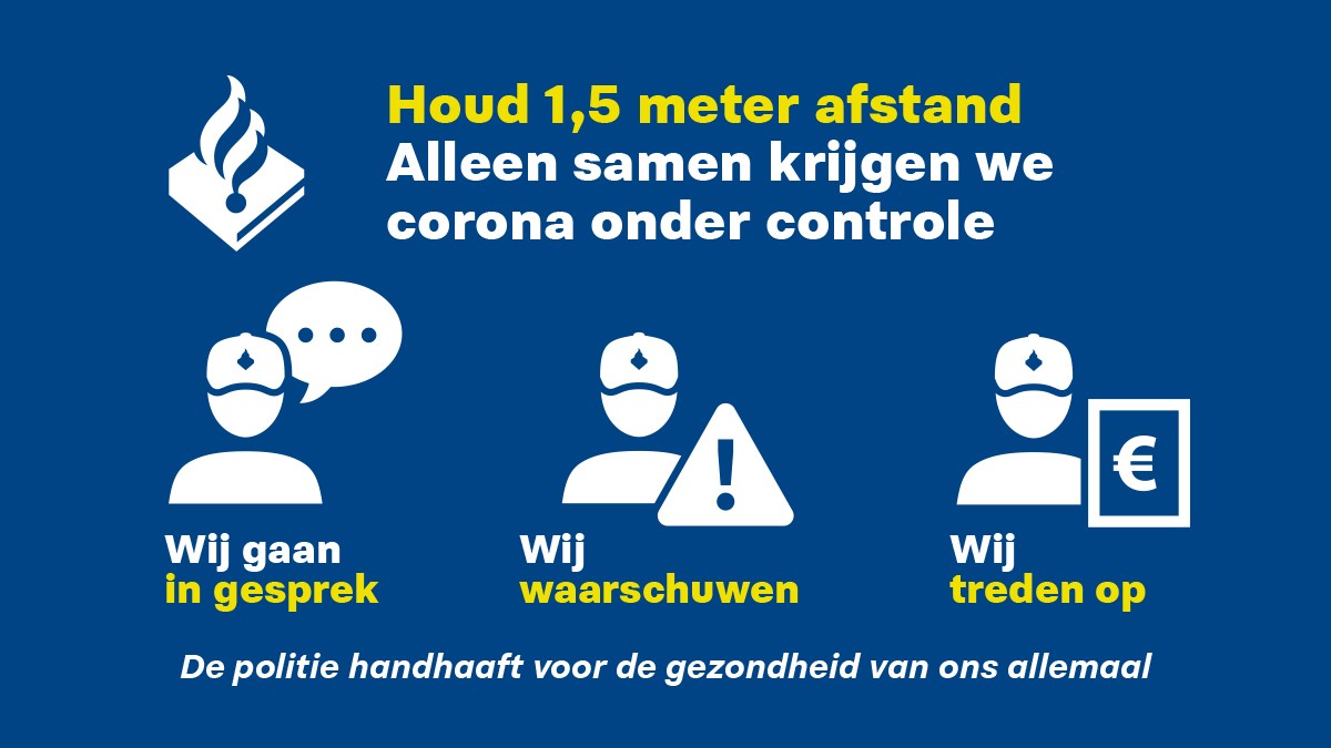 De meeste mensen houden zich keurig aan de afspraken en blijven zoveel mogelijk binnen en 1,5 meter uit elkaar. Wie dat niet doet, spreken we aan. We treden ook op wanneer dat nodig is. Alleen samen krijgen we corona onder controle. #alleensamen