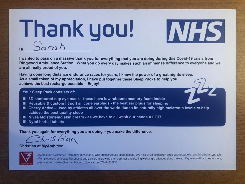 Thank you very much to local businessman, Christian Underhill of MyAmbition Ltd., who very kindly delivered a 'sleep pack' to all our frontline staff at our Ringwood station in Hampshire - each with an individually named card.
#ThankYouNHS