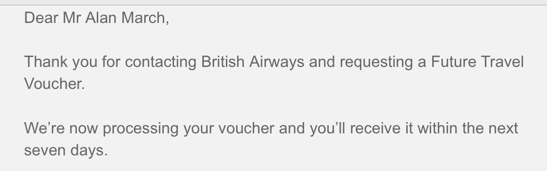 I’ve finally received acknowledgment today from  @British_Airways that my refund/credit request is now being processed. Hopefully this will include a ‘refund’ of my 10,800 Avios points used as part payment.