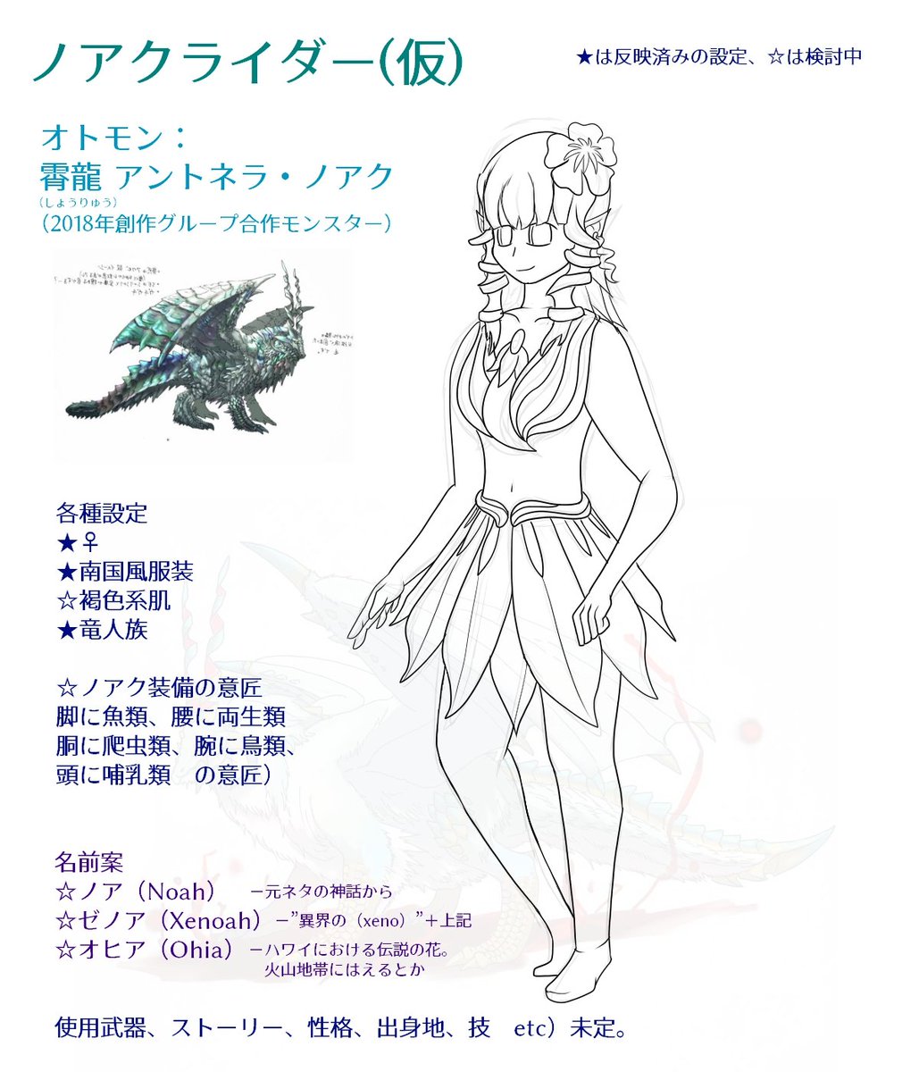アントネラ・ノアクを使役するライダー(以外、ノアクライダー)を考えています。
画像はガルバさんからもらったラフ画を元に描いたものです。

性格、ストーリー諸々未定なので、アイディア大募集です!(特に服装及び装備!)
少しでも思いつきましたらメモ感覚でコメしてください!
#mh自作モンスター 