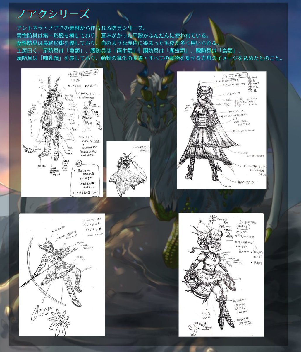 アントネラ・ノアクとは?
2018年創作グループみんなで作った(合作)オリジナル古龍です。彩雲や環水平アーク、マーコール、ノアの方舟等がモチーフです。

(オリモンWikiより抜粋、絵はばるぼんさん) 