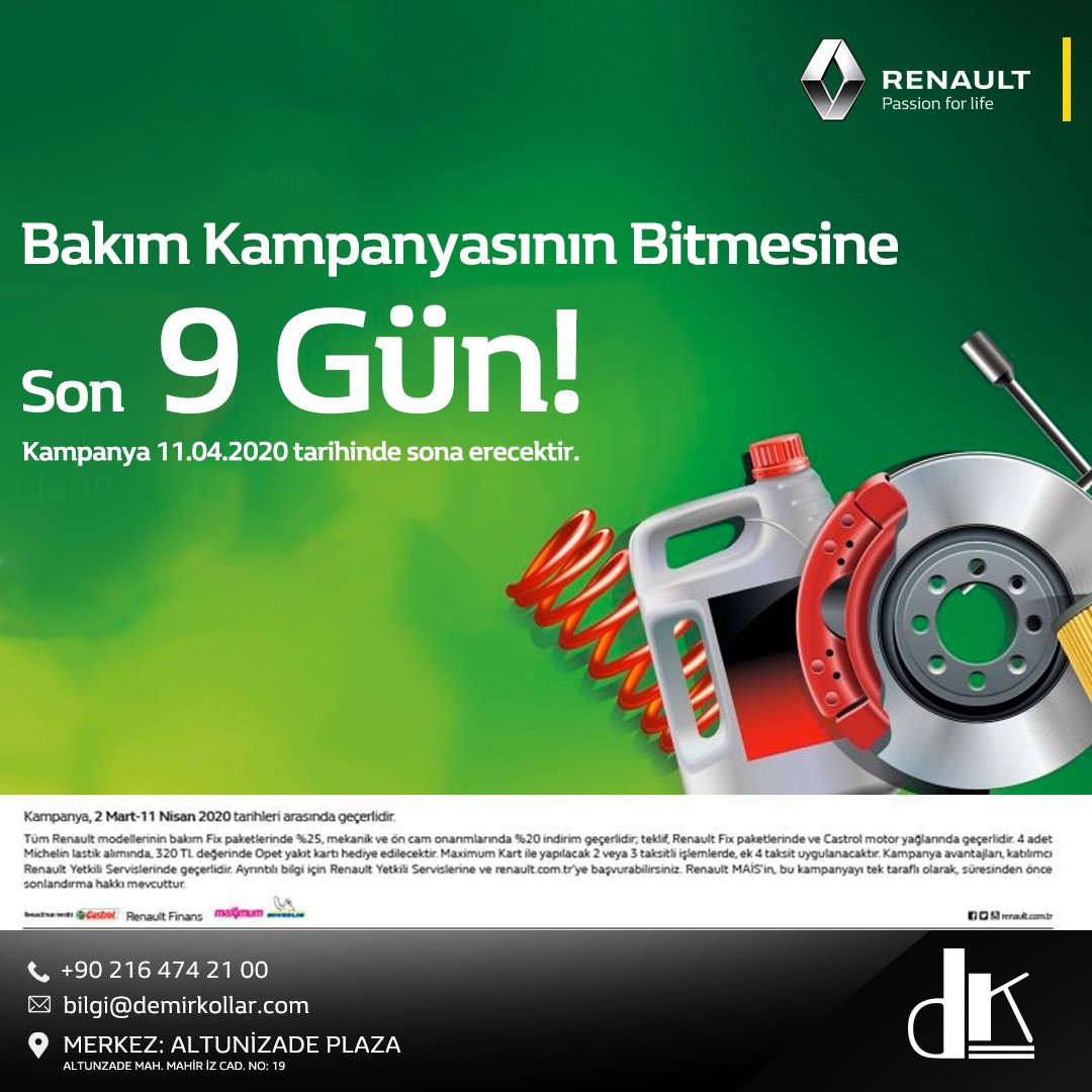 RenaultDemirkol's tweet photo. Bakım kampanyası için son 9 gün!
#demirkollar #demirkollaryetkiliservis #dacia #renault #duster #sandero #loganmcv #lodgy #dokkercombi #dokkervan #dokker #yetkiliservis #servis #bakım #onarım #araç #araba #otomobil #otomotiv #satış #sigorta #aksesuar #ikinciel #ikincielaraç https://t.co/5ZK8ksgBcx