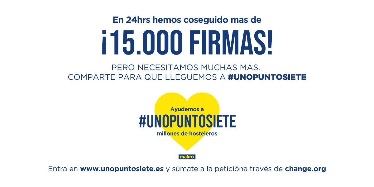 La gran familia de la hostelería se ha puesto en marcha, pero todavía queda mucho por alcanzar todos juntos nuestro objetivo. Únete a #UNOPUNTOSIETE y firma la petición en unopuntosiete.es. ¡Gracias de 💛 por tu apoyo!