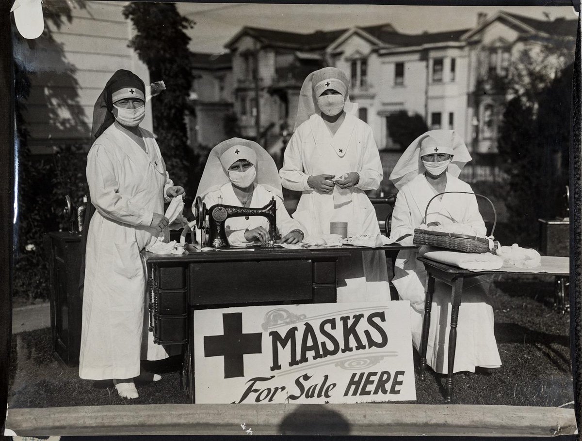 A few photos during Spanish flu in 1918. People had good judgment.  #Masks4AllRed Cross selling masks.3/9