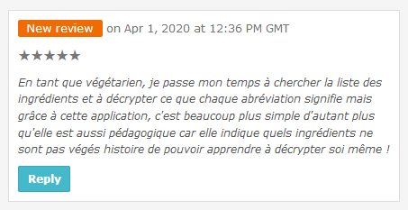OpenFoodFactsFr's tweet photo. Un avis sur l'app Open Food Facts qui fait très plaisir ! ❤️Surtout que la reconnaissance des produits #végétariens résulte du travail de plein de personnes qui ajoutent &amp; complètent les produits, créent la taxonomie des ingrédients, et codent l'analyse des ingrédients + l'app ! https://t.co/NXJwqwnNMR