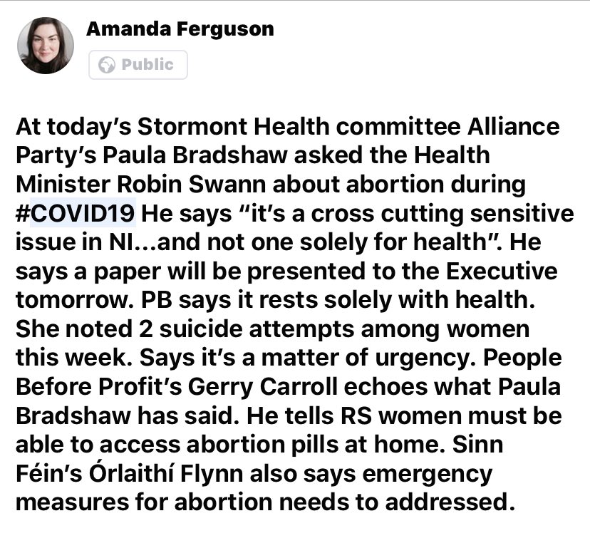 It’s not always possible to get all info into tweets so here is a more fullsome version of what was said at Stormont’s Health Committee today on abortion provision during  #covid19  https://www.facebook.com/402568099848220/posts/2585427998228875/?d=n