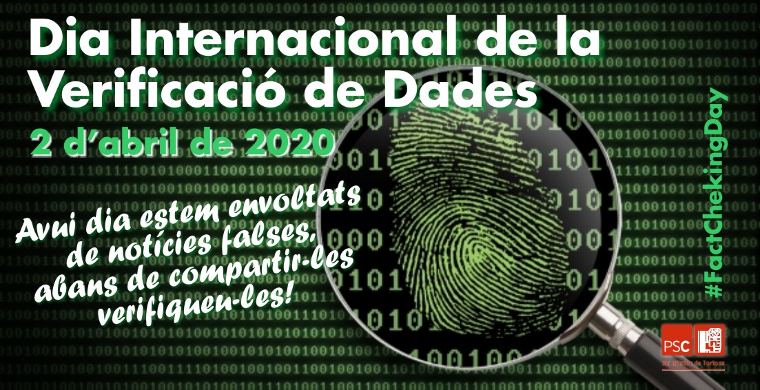 ERoigM's tweet photo. Avui dijous 2 d'Abril és el Dia Internacional de la Verificació de Dades. Estem envoltats de notícies falses, sobre tot aquests dies de crisi, per això abans de compartir-les
verifiquem-les. Per més informació https://t.co/u40S7JWDXU #FactChekingDay #AquestVirusElParemUnits https://t.co/MZTodRicug
