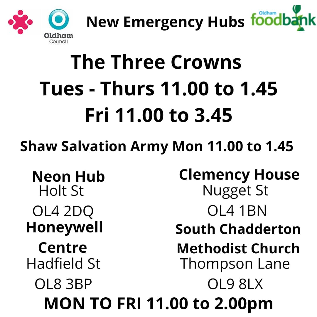 DONATION POINTS
Many of our local supermarkets are offering drop off donation points in the current climate. Please check with staff where they are located,many are near the tills or by customer service points.
All our hubs can take donations too.
#oldhamhour