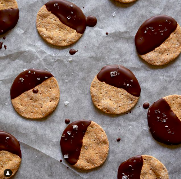 Who said crackers were just for cheese ?  - A creative new idea for you to try.... dipping our sourdough crispbread crackers in dark chocolate with a sprinkle of sea salt