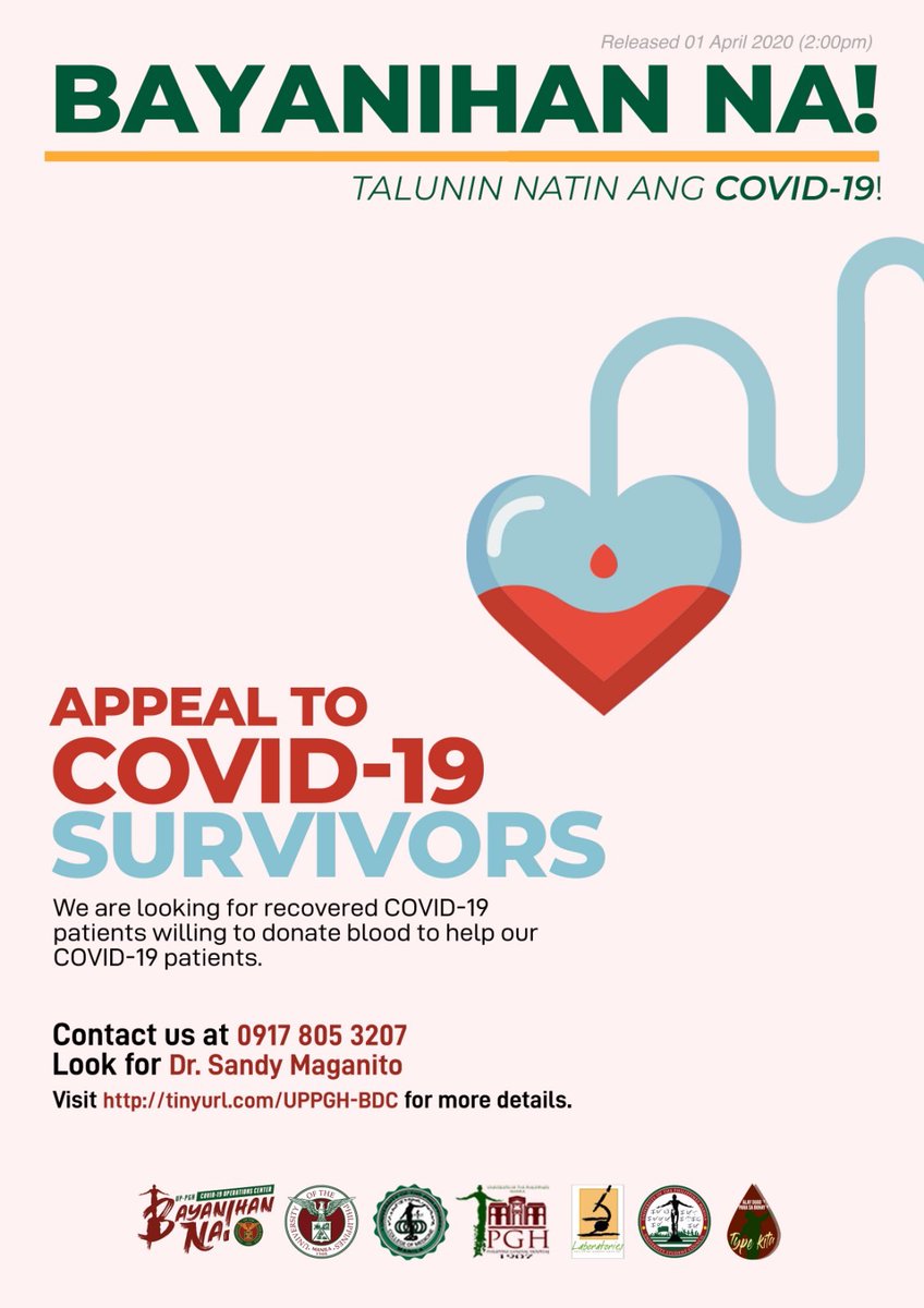 upsystem's tweet photo. Urgent appeal to COVID-19 survivors: Please donate blood to COVID-19 patients.

For more information, visit https://t.co/nxGjc1ixK6 or contact Dr. Sandy Maganito at 0917 805 3207. #BayanihanNa #OnePGH #UPFightsCOVID19 | via
@UPPublicService https://t.co/TvAaHbDuKo
