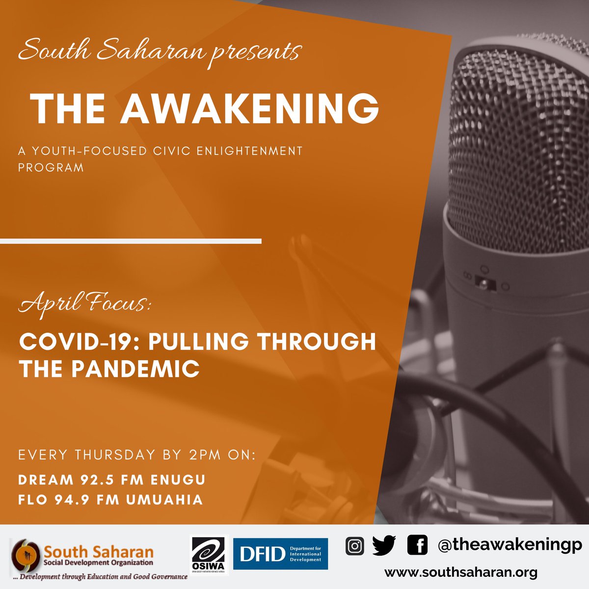 This April we focus on Pulling through the COVID-19 Pandemic.Tune in every Thursday by 2pm on  @dream925fm and  @flo949fm to join the conversation! #TheAwakening  #LockdownAwakening  #GoodGovernance  #COVID19  #lockdown  #LockDownNigeria