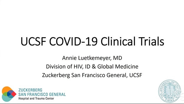 c3/Clinical trials for COVID-19 - Professor Annie Luetkemeyer  @annieluet https://vimeo.com/401444481/5b7c5dc4f4 11:40 length