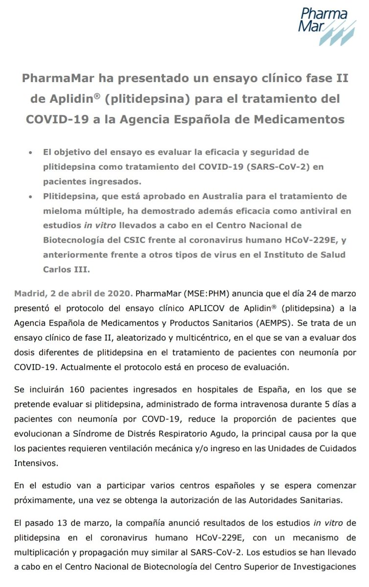 pharma_jonpi's tweet photo. #PharmaMar ha Presentado un Ensayo Clínico fase II de Aplidin® para el Tratamiento del#Covid_19  a la Agencia Española de Medicamentos .“En cuanto Recibamos 
la Autorización Empezara el Ensayo Clínico y
Esperamos que se Pueda Convertir en un Arma Eficaz Contra el COVID-19”. https://t.co/g8ZOKOdfA7