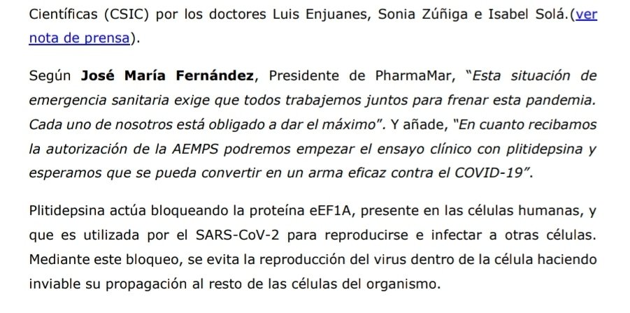 pharma_jonpi's tweet photo. #PharmaMar ha Presentado un Ensayo Clínico fase II de Aplidin® para el Tratamiento del#Covid_19  a la Agencia Española de Medicamentos .“En cuanto Recibamos 
la Autorización Empezara el Ensayo Clínico y
Esperamos que se Pueda Convertir en un Arma Eficaz Contra el COVID-19”. https://t.co/g8ZOKOdfA7