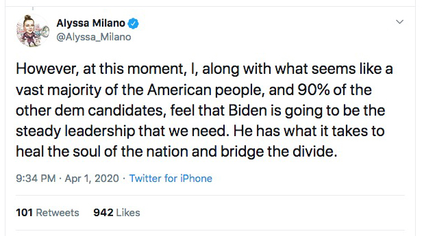 ADDENDUM:Al Milano is the perfect face of leftism. One of the most vicious harridans on the planet bleats about "healing the soul of the nation" and "bridging the divide."My soul's doing fine, and no bridge will ever be wide enough for YOUR divide, honey.