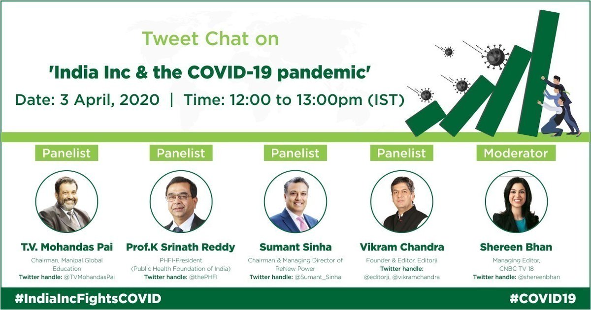 Sumant Sinha (@sumant_sinha) on Twitter photo Looking forward to sharing and learning from this esteemed panel on how #IndiaIncFightsCOVID and its future implications. Join us on 3 April, 2020 at 12 PM (IST)
<a href="/ShereenBhan/">Shereen Bhan</a> <a href="/vikramchandra/">Vikram Chandra</a> <a href="/TVMohandasPai/">Mohandas Pai</a> <a href="/thePHFI/">Public Health Foundation of India (PHFI)</a> Looking forward to sharing and learning from this esteemed panel on how #IndiaIncFightsCOVID and its future implications. Join us on 3 April, 2020 at 12 PM (IST)
<a href="/ShereenBhan/">Shereen Bhan</a> <a href="/vikramchandra/">Vikram Chandra</a> <a href="/TVMohandasPai/">Mohandas Pai</a> <a href="/thePHFI/">Public Health Foundation of India (PHFI)</a>