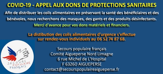 SPFaigueperse's tweet photo. #COVID19 - APPEL AUX DONS DE PROTECTIONS SANITAIRES
Afin de distribuer les colis alimentaires en préservant la santé des bénéficiaires et des bénévoles, nous recherchons des masques, des gants et des produits désinfectants.
Merci d'avance pour vos dons matériels et financiers. https://t.co/SBYLmfx55j