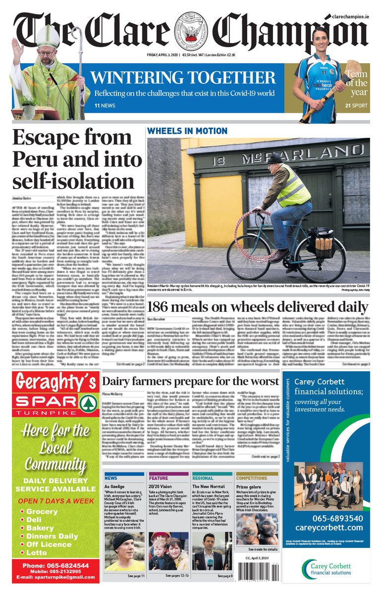 In this week’s Clare Champion: Clarecastle’s Ciara Daly returns from lock-down in Peru Scariff-Ogonnelloe players selected on club camogie team of the year and Bishop Fintan Monahan on how the church is dealing with Covid-19