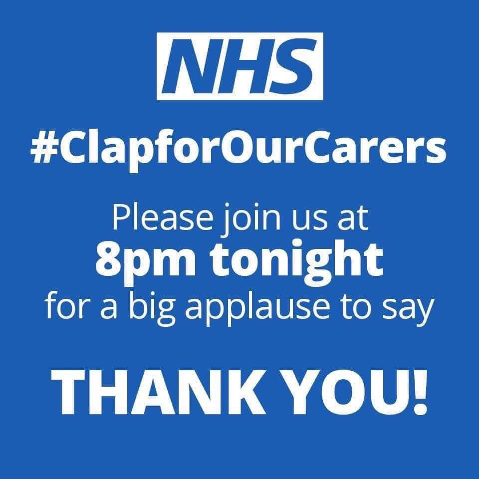 AntonyTiernan's tweet image. 👏 Tonight’s the night! 👏

👏 Let’s show our support for NHS staff and other carers 👏

👏 Wherever you are ... stop at 8pm and clap to thank the thousands of paramedics, doctors, nurses, call handlers, cleaners, cooks + many others who are fighting #COVID19 👏 #clapforourcarers