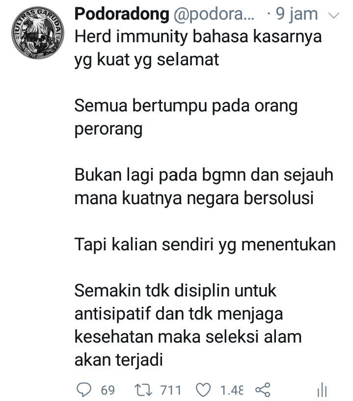 podoradong's tweet photo. Baru tadi pagi kami kicaukan sob

Ternyata memang benar, skenario Herd immunity bakap terjadi

Bersiaplah sobat semua

Jadilah diri yang antisipatif, jagalah orang tua serta anak-anak kita dengan menjadi diri yang lebih sehat, siap dan kuat secara mandiri

Ya rabb... https://t.co/8Hlwe0IkT4