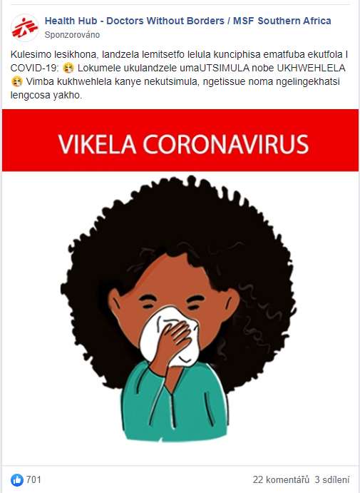 Jedna z věcí, které mi v poslední době dělají radost, je fakt, že můžeme i reklamou pomáhat. Dlouhodobě v <a href="/agenturakofein/">agentura KOFEIN</a>  spolupracujeme bezplatně s <a href="/MSF_czech/">Lékaři bez hranic</a>  a pomáháme jim s lokálními edukačními kampaněmi. Třeba jako s touto Facebook Ads kampaní ve Svazijsku na jihu Afriky.