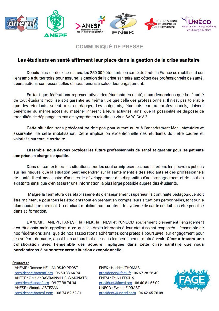 UNECD's tweet photo. 🗣 Les #Etudiants en santé affirment leur place dans la gestion de la #CriseSanitaire ❗️ #COVIDー19 #TousMobilises #masques #Confinementjour17 https://t.co/NgtjR7gJhM