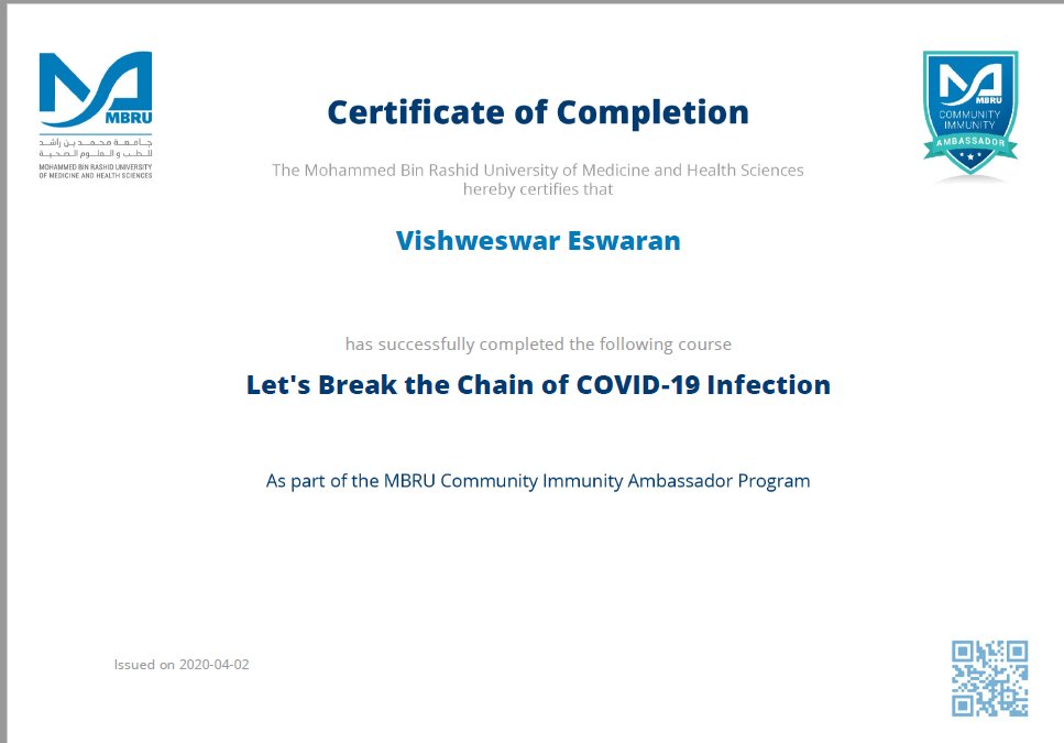 Vishweswar_E's tweet photo. I am now an #MBRUCommunityImmunity Ambassador. I am responsible to protect myself and my community from #COVID-19. I challenge (tag 3 friends/family) to take the course. https://t.co/2cNs0TqzUD https://t.co/Xl5tqTIL9j