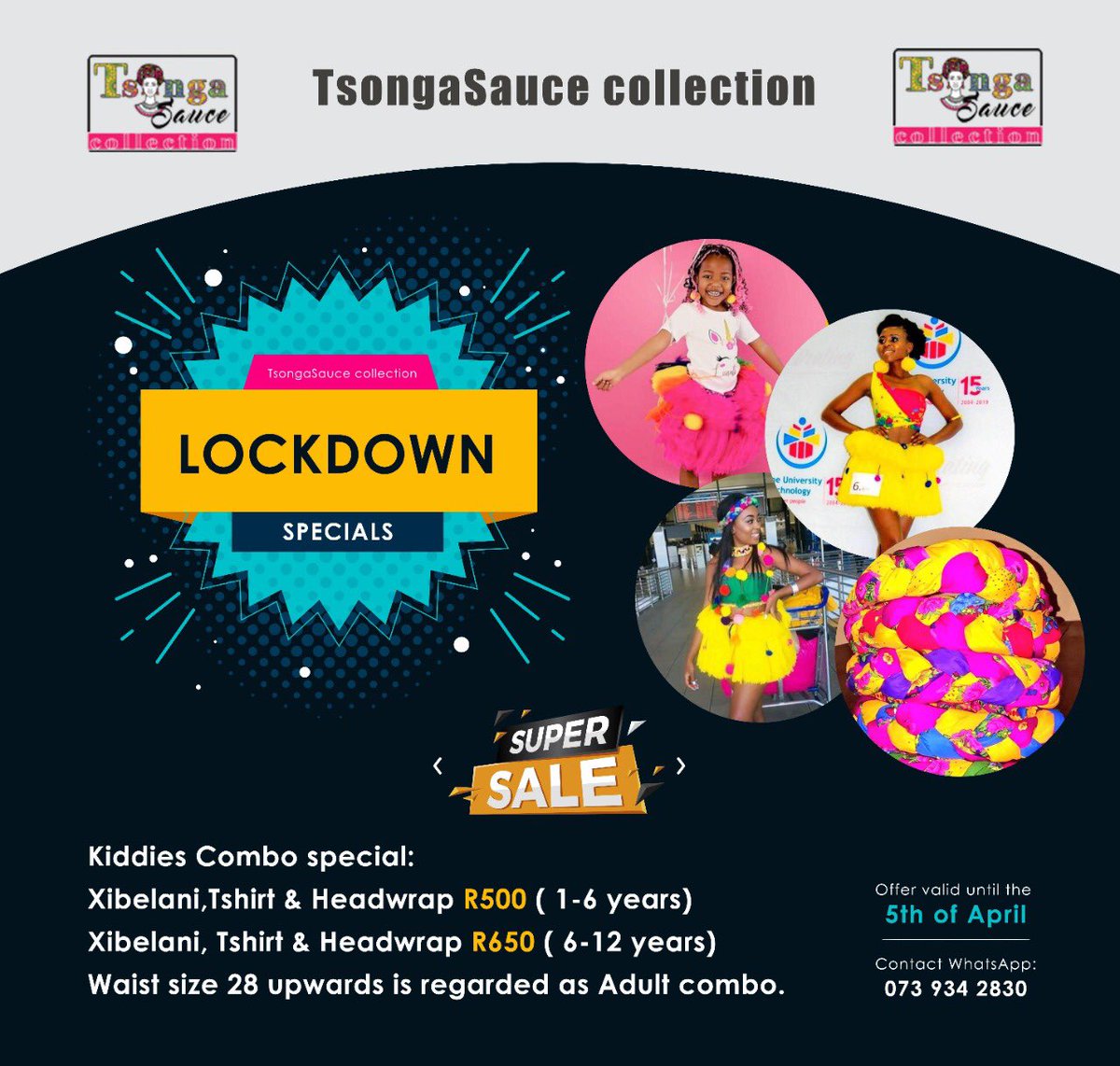 SPECIAL OFFER 1 (Kiddies Combo)

#TsongasauceLockdown Special Kiddies Combo

Up to 50%  Off on selected Items ❤️❤️

Offer Valid until 5th April

WhatsApp: 073 934 2830
#supportsmallbusiness #LockdownSA #day7oflockdown