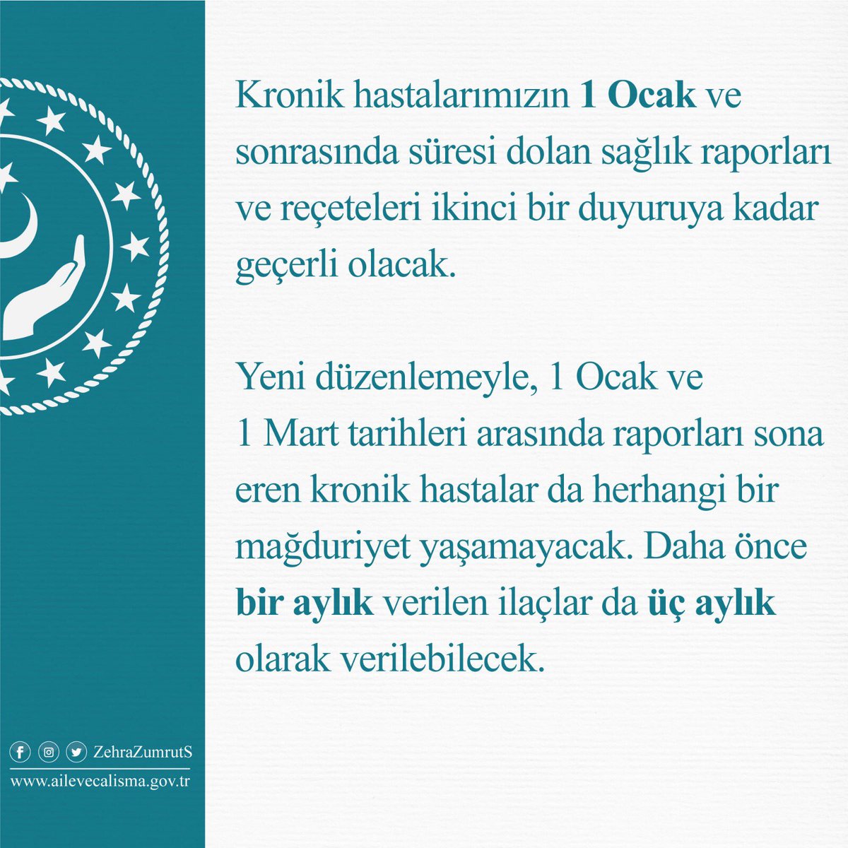 Kronik hastalarımızın 1 Ocak ve sonrasında süresi dolan sağlık raporları ve reçeteleri ikinci bir duyuruya kadar geçerli olacak.

bit.ly/3bNdIzJ