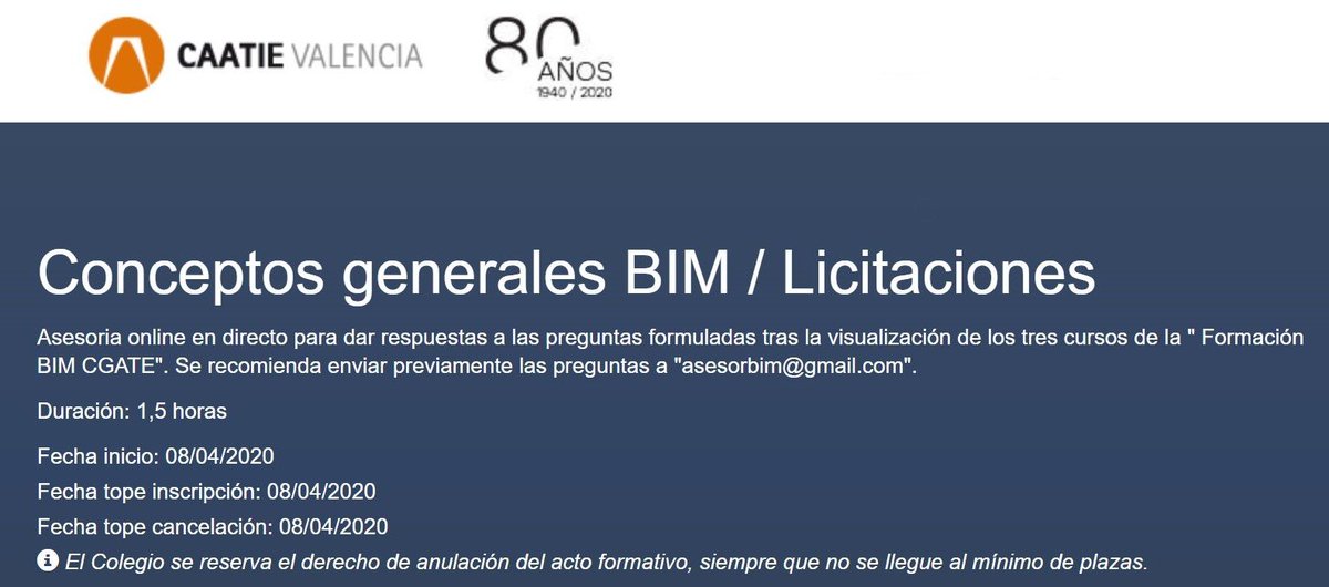 Programados 5 sesiones resolución dudas online sobre estos cursos youtube.com/playlist?list=…
El primero será el día 8 de abril sobre el curso #BIM Conceptual / Licitaciones. Imprescindible registro en @CAATValencia caatvalencia.es/pub/formacionc…