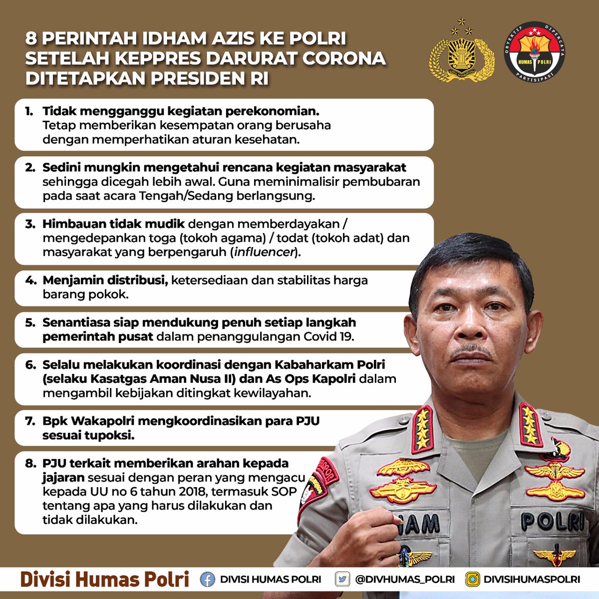 BangsaMenjaga's tweet photo. Setelah Presiden menerbitkan Keppres Darurat Corona dan PP No 21 tahun 2020 tentang Pembatasan Sosial Berskala Besar (PSBB), Kapolri keluarkan 8 perintah untuk personilnya.
#OptimisCegahCovid19 https://t.co/VrgrcdUc30