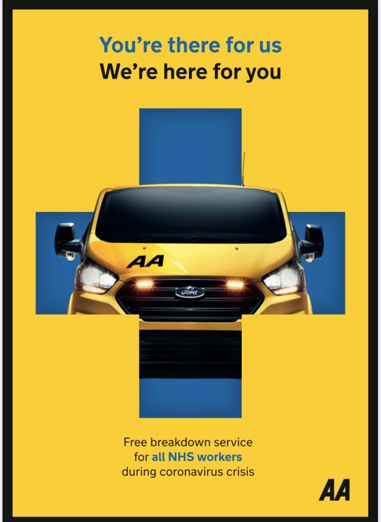 itsclo_clo's tweet photo. The AA are offering free breakdown and recovery cover to all NHS workers travelling to and from work during the coronavirus outbreak. 
The dedicated NHS number is 0800 072 5064. 
Please share this with anyone you may know working for the NHS so they can be supported if needed💛💛 https://t.co/GndS5QJEGA